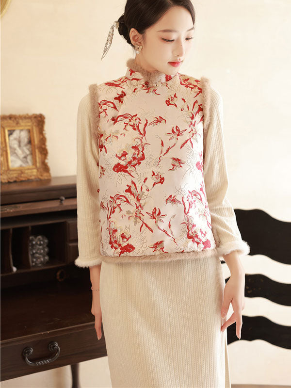 Two Pieces Knit Winter Qipao Dress & Floral Waistcoat Top