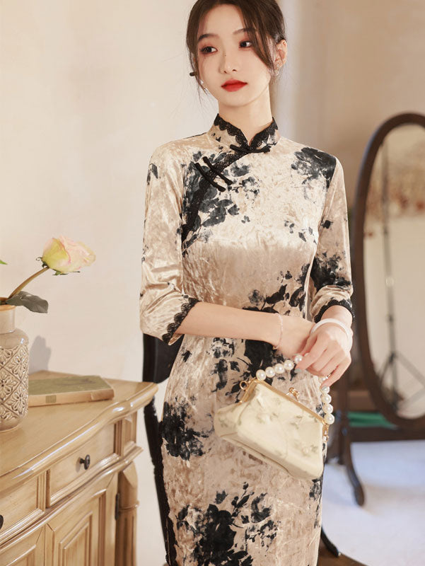 Blue Champagne Floral Velvet Cheongsam Qipao Dress