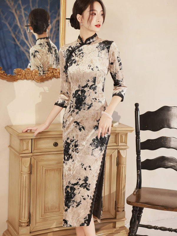 Blue Champagne Floral Velvet Cheongsam Qipao Dress