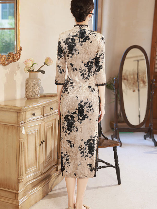Blue Champagne Floral Velvet Cheongsam Qipao Dress