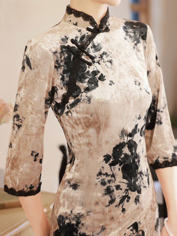Blue Champagne Floral Velvet Cheongsam Qipao Dress