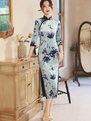 Blue Champagne Floral Velvet Cheongsam Qipao Dress