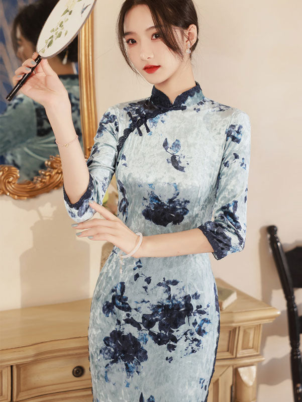 Blue Champagne Floral Velvet Cheongsam Qipao Dress