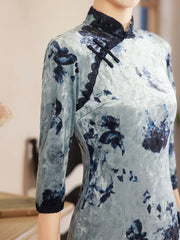 Blue Champagne Floral Velvet Cheongsam Qipao Dress