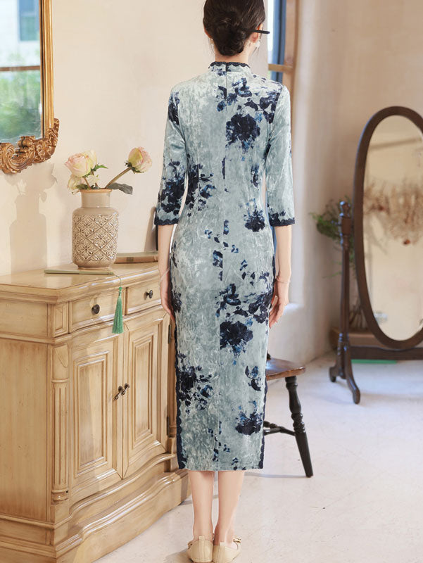 Blue Champagne Floral Velvet Cheongsam Qipao Dress