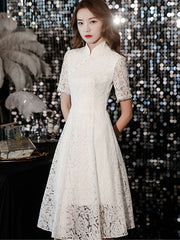 White Floral Lace Mid A-Line Cheongsam Qipao Dress