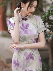 2023 Purple Floral Mid Tea Cheongsam Qipao Dress