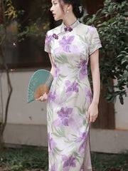 2023 Purple Floral Mid Tea Cheongsam Qipao Dress