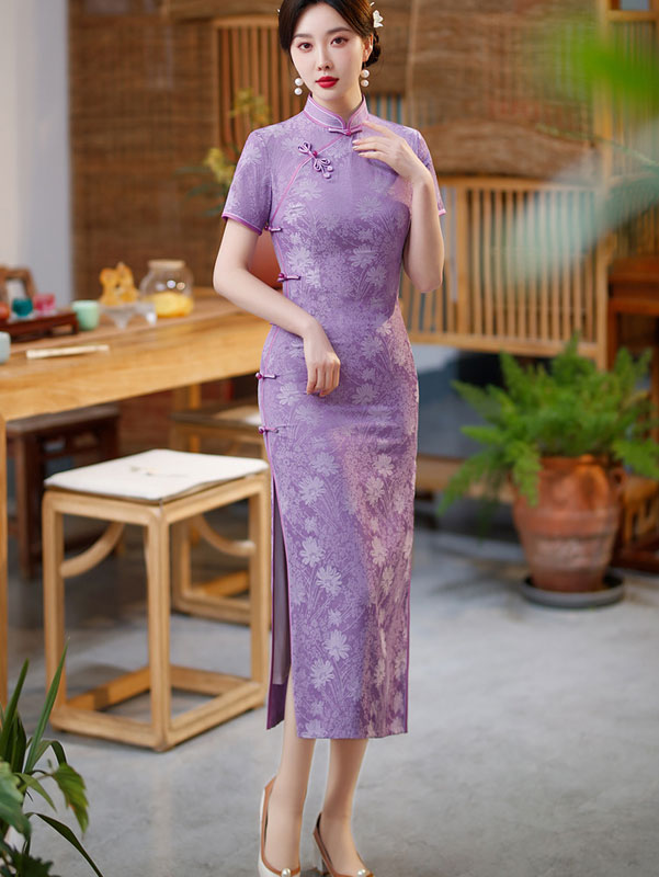 2023 Mothers Purple Blue Floral Cheongsam Qipao Dress