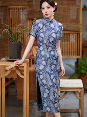 2023 Mothers Purple Blue Floral Cheongsam Qipao Dress