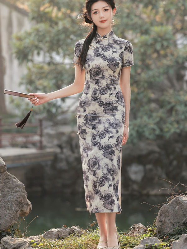 Black Rose Print Tea Qipao Cheongsam Dress