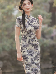 Black Rose Print Tea Qipao Cheongsam Dress