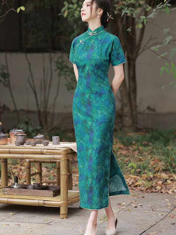 2023 Green Floral Maxi Cheongsam Qipao Dress