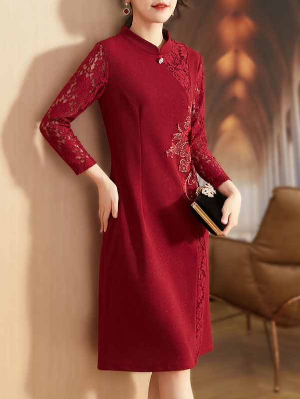 Red Blue Bridal Mother's Wedding Cheongsam Qipao Dress
