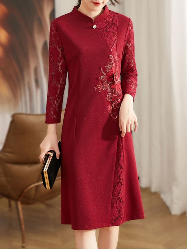 Red Blue Bridal Mother's Wedding Cheongsam Qipao Dress