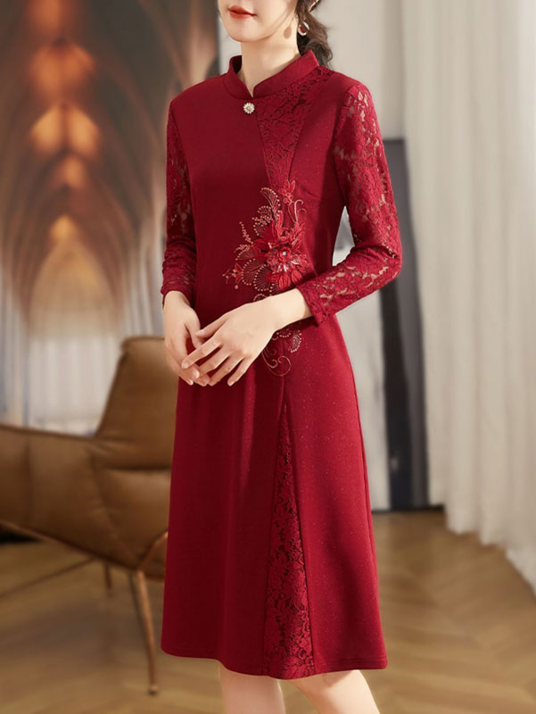 Red Blue Bridal Mother's Wedding Cheongsam Qipao Dress
