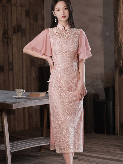 Pink Floral Lace Flutter Sleeve Tea Qipao Cheongsam Dress
