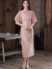 Pink Floral Lace Flutter Sleeve Tea Qipao Cheongsam Dress