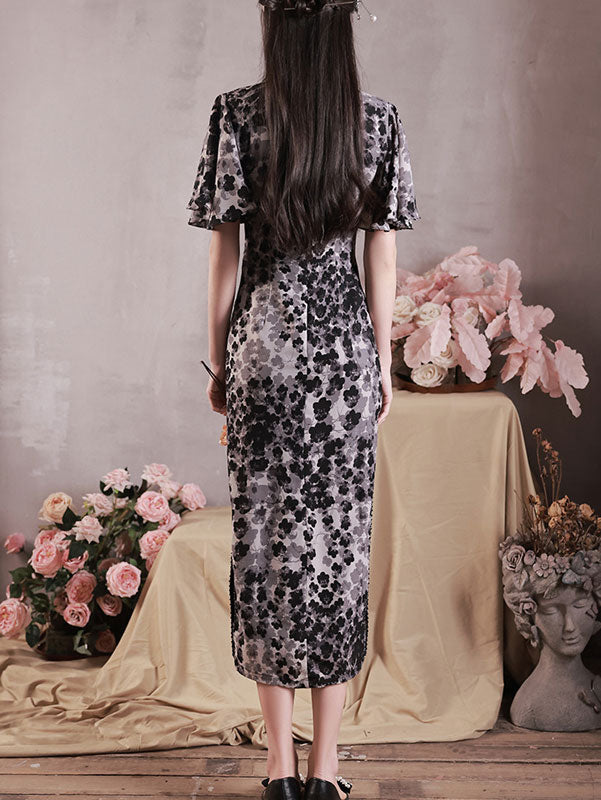 2023 Floral Chiffon Flutter Sleeve Tea Cheongsam Qipao Dress