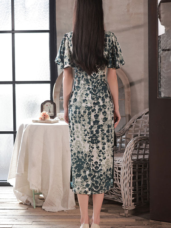 2023 Floral Chiffon Flutter Sleeve Tea Cheongsam Qipao Dress