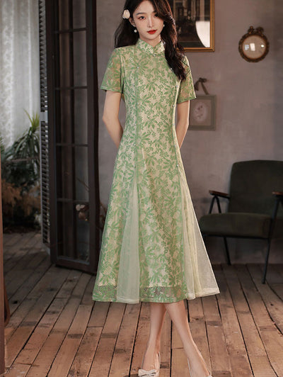 2023 Green Floral Lace A-line Aodai Cheongsam Dress