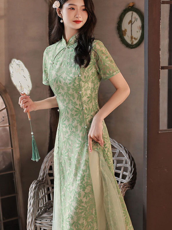2023 Green Floral Lace A-line Aodai Cheongsam Dress