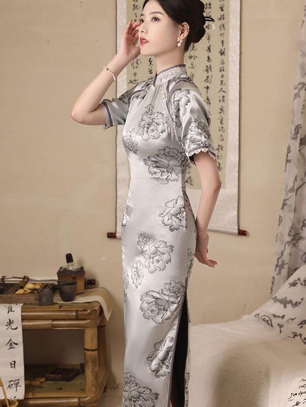 Mothers Gray Yellow Floral Maxi Qipao Cheongsam Dress