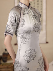 Mothers Gray Yellow Floral Maxi Qipao Cheongsam Dress