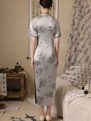 Mothers Gray Yellow Floral Maxi Qipao Cheongsam Dress
