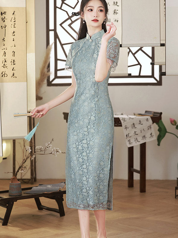 Blue Pink Lace Mid Tea Cheongsam Qipao Dress