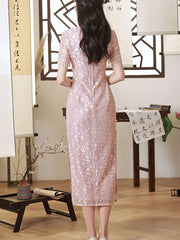 Blue Pink Lace Mid Tea Cheongsam Qipao Dress