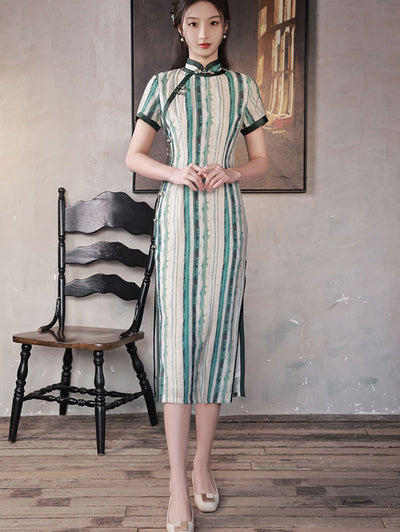 2023 Summer Mid Cheongsam Qipao Dress in Stripe
