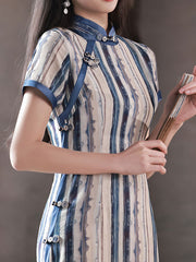 2023 Summer Mid Cheongsam Qipao Dress in Stripe