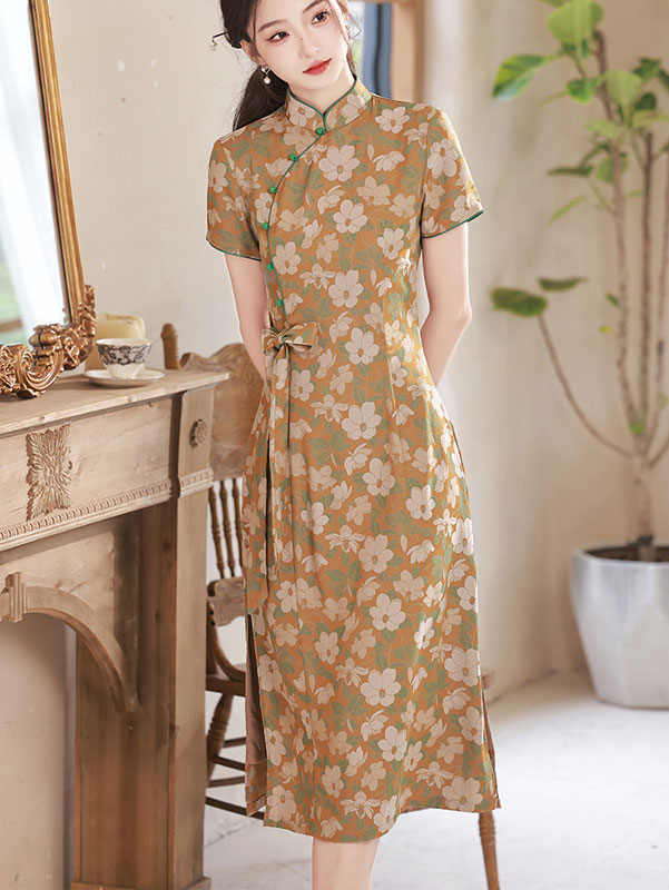 Yellow Floral Belt A-Line Mid Qipao Cheongsam Dress
