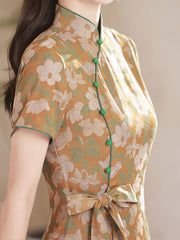Yellow Floral Belt A-Line Mid Qipao Cheongsam Dress