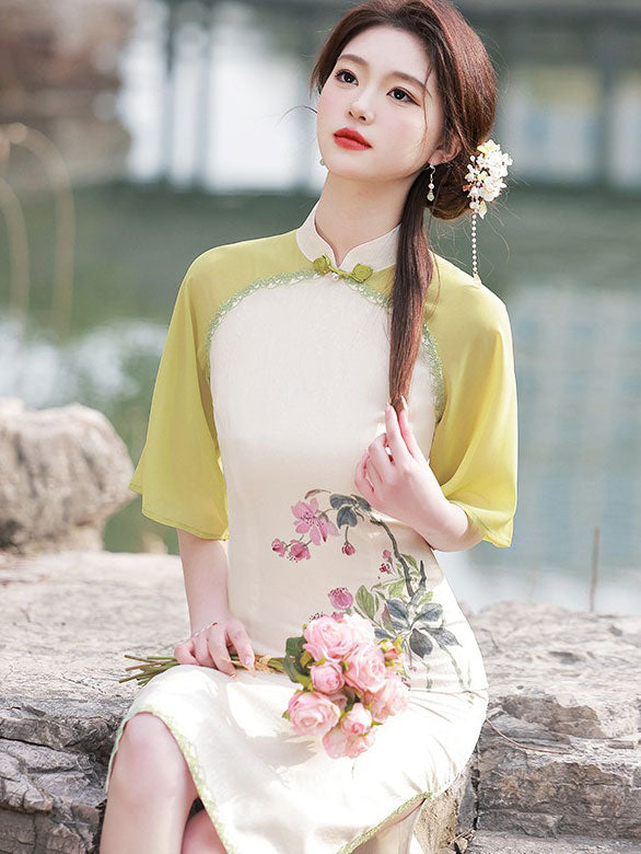 White Chinese Painting Print Mid Qipao Cheongsam Dress