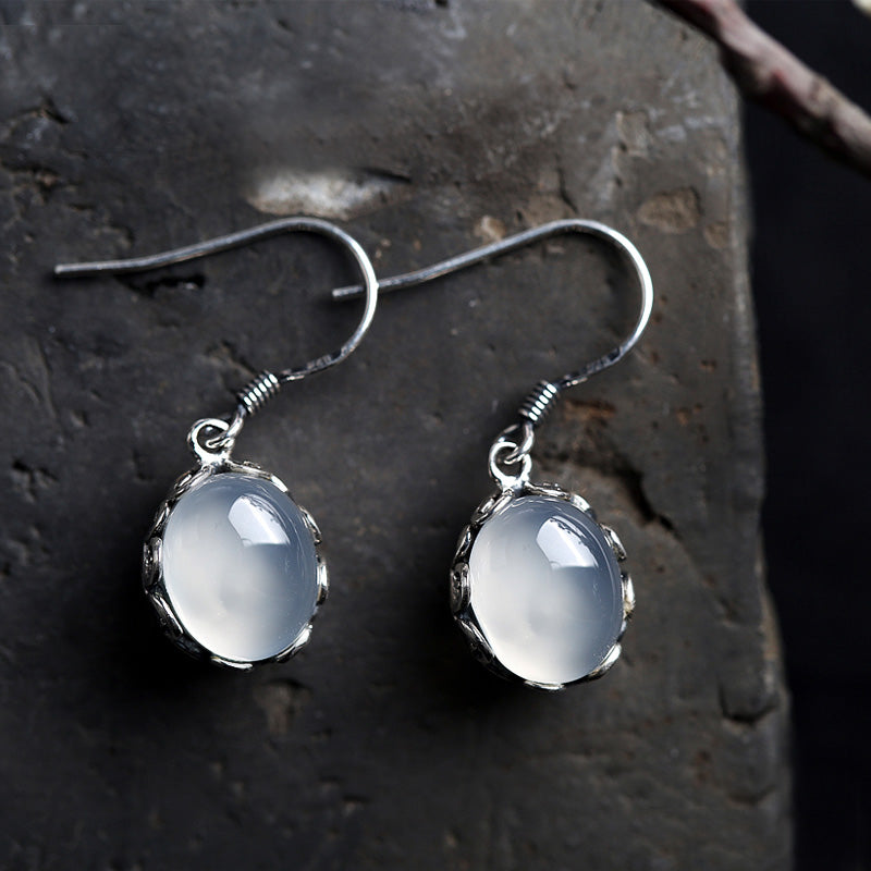 White Chalcedony Drop Dangle Silver Earrings