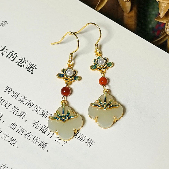 Vintage Colored Enamel Clover Jade Drop Dangle Earrings