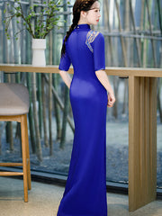 Blue Black Split Front Maxi Cheongsam Qi Pao Prom Dress