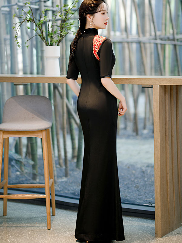 Blue Black Split Front Maxi Cheongsam Qi Pao Prom Dress