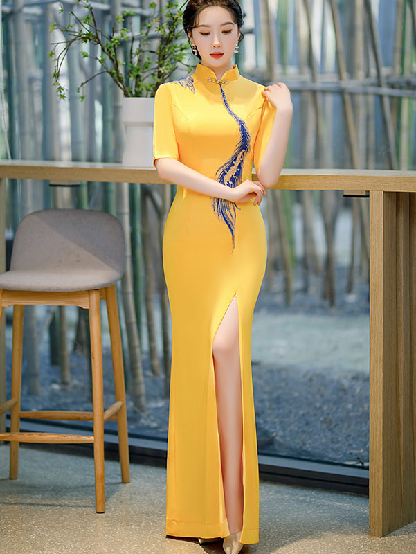 Red Yellow Split Front Maxi Cheongsam Qi Pao Prom Dress