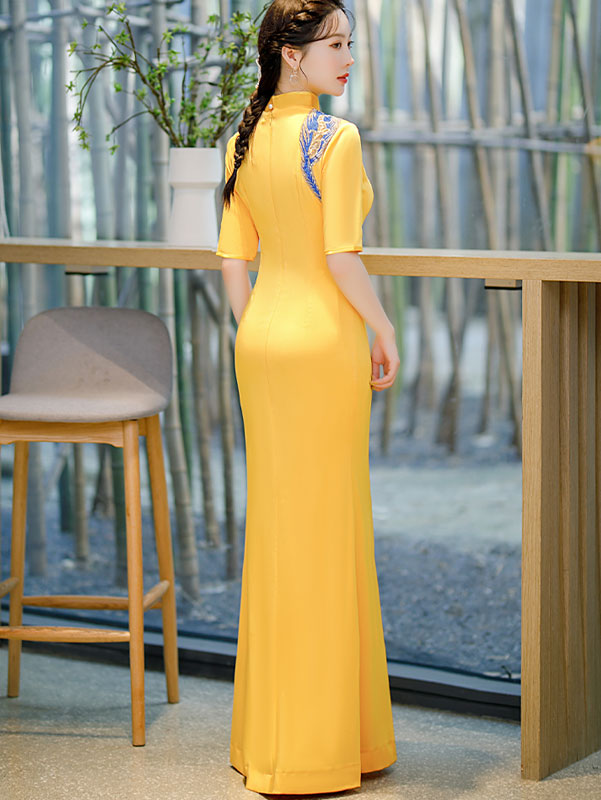 Red Yellow Split Front Maxi Cheongsam Qi Pao Prom Dress