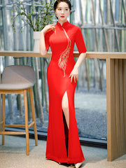 Red Yellow Split Front Maxi Cheongsam Qi Pao Prom Dress