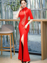 Red Yellow Split Front Maxi Cheongsam Qi Pao Prom Dress
