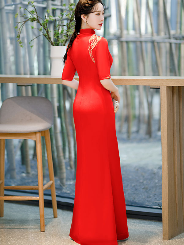 Red Yellow Split Front Maxi Cheongsam Qi Pao Prom Dress