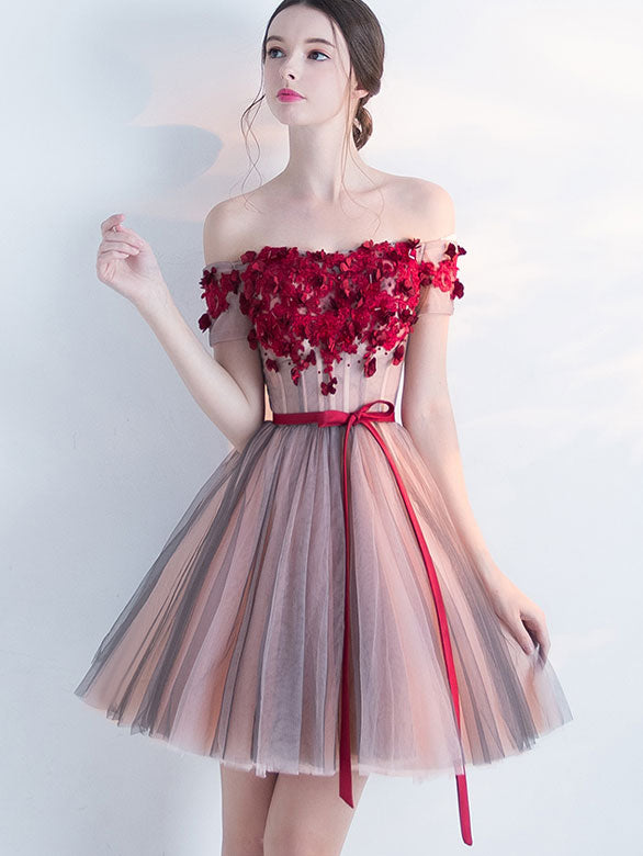 Off Shoulder Tulle Short Party Dress with Belt