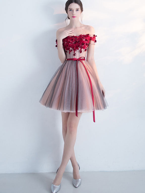 Off Shoulder Tulle Short Party Dress with Belt