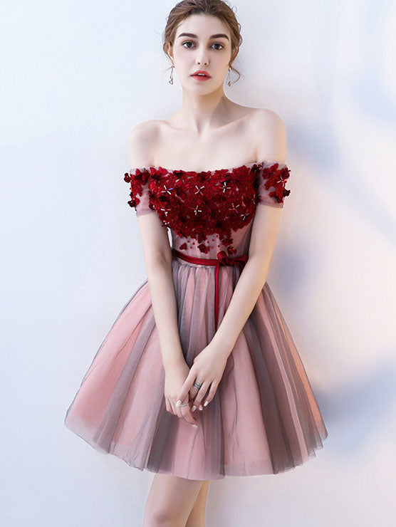 Off Shoulder Tulle Short Party Dress with Belt