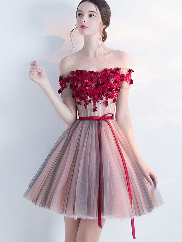 Off Shoulder Tulle Short Party Dress with Belt