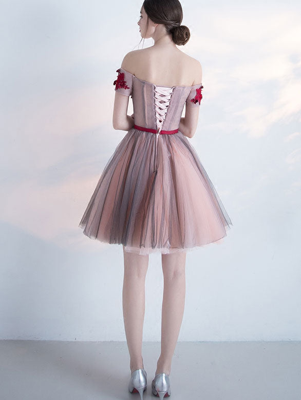 Off Shoulder Tulle Short Party Dress with Belt